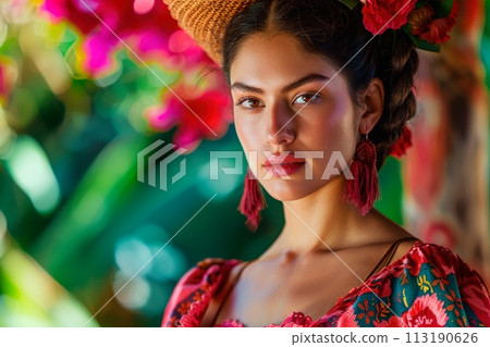 A woman wearing a red dress and a straw hat A woman wearing a red dress and a straw hat 113190626