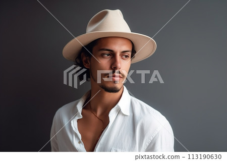 A man wearing a white hat and shirt is standing in front of a gray wall A man wearing a white hat and shirt is standing in front of a gray wall 113190630