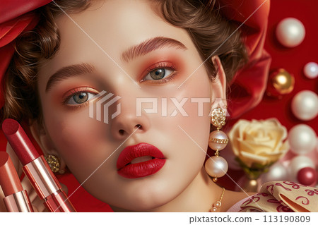 A woman with red hair and red lipstick is wearing a red hat 113190809