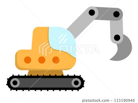 Vector crawler digger. Construction site and road work flat icon. Building transportation clipart. Cute special transport or repair service illustration. Yellow excavator picture for kids 113190948