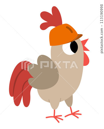 Vector cockerel in hard hat. Construction site worker illustration for kids. Funny builder rooster character. Cute bird repairmen icon isolated on white background 113190998