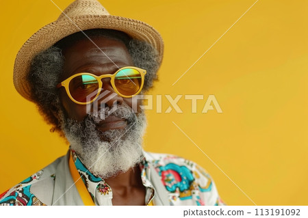 A man with a yellow hat and sunglasses is smiling at the camera A man with a yellow hat and sunglasses is smiling at the camera 113191092