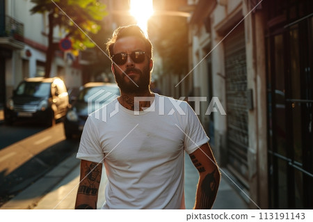 A man with a beard and tattoos stands on a sidewalk in front of a car A man with a beard and tattoos stands on a sidewalk in front of a car 113191143