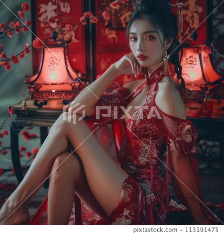 A bewitching woman wearing a Chinese dress 113191475
