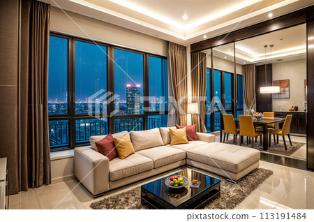Living room and night view of designer apartment 113191484