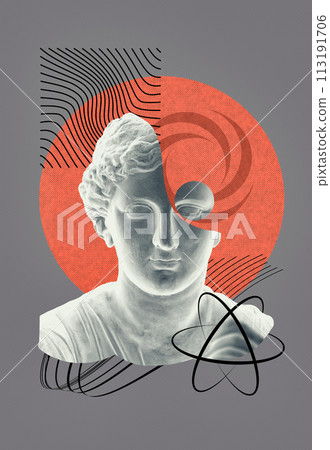Collage with antique sculptures as human face in pop art style. Modern creative concept image with ancient statue head. Contemporary art poster Collage with antique sculptures as human face in pop art style. Modern creative concept image with ancient statue head. Contemporary art poster 113191706