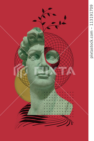 Collage with antique sculptures as human face in pop art style. Modern creative concept image with ancient statue head. Contemporary art poster Collage with antique sculptures as human face in pop art style. Modern creative concept image with ancient statue head. Contemporary art poster 113191709