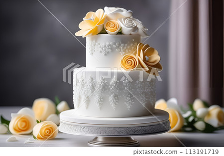 Wedding cake decorated with flowers in peach and yellow hues. In-house bakery 113191719