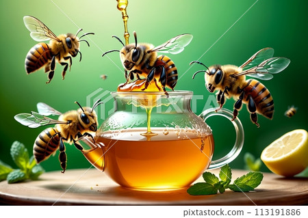 bees carry honey into tea, natural tea with honey 113191886
