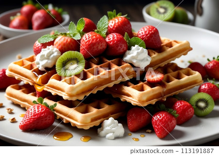 waffles with fresh strawberries, kiwi, cottage cheese in a plate 113191887