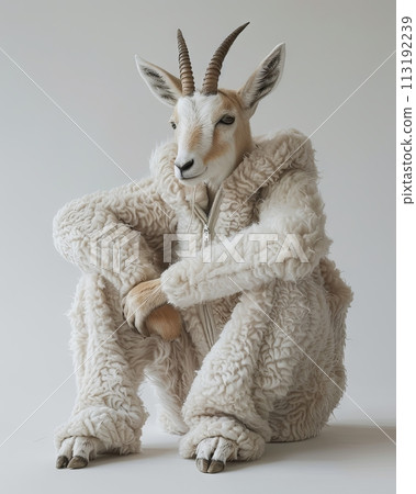 Gazelle Antelope Animal sitting on the floor, wearing a furry suit on white background fashion studio photography Gazelle Antelope Animal sitting on the floor, wearing a furry suit on white background fashion studio photography 113192239