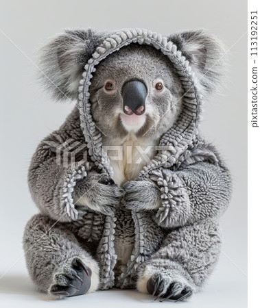 Koala Animal sitting on the floor, wearing a furry suit on white background fashion studio photography 113192251