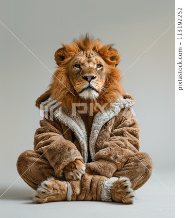 Lion Animal sitting on the floor, wearing a furry suit on white background fashion studio photography 113192252