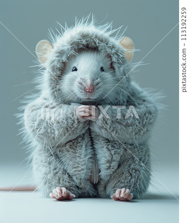 Mouse Animal sitting on the floor, wearing a furry suit on white background fashion studio photography 113192259