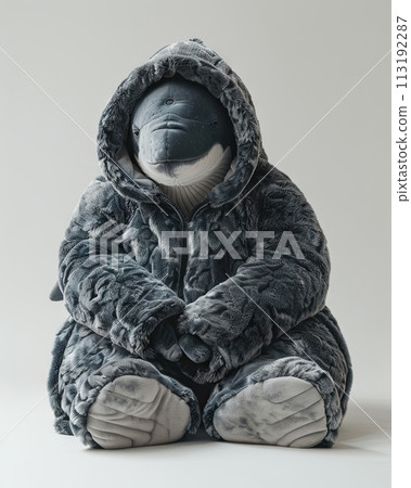 Whale Animal sitting on the floor, wearing a furry suit on white background fashion studio photography 113192287