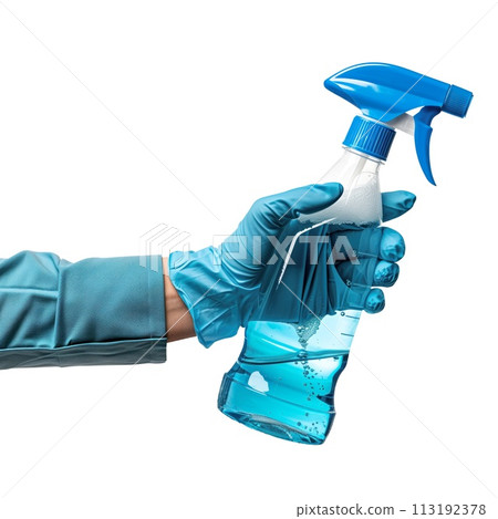 Sprinkler in hand isolated on white or transparent background. Hand in a glove with an blue sprinkler close-up. Cleaning day concept. Graphic design element Sprinkler in hand isolated on white or transparent background. Hand in a glove with an blue sprinkler close-up. Cleaning day concept. Graphic design element 113192378