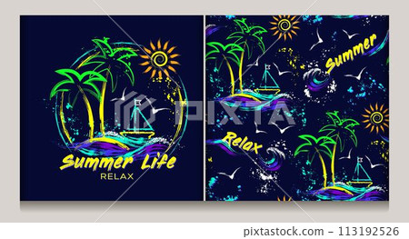 Summer holiday circular emblem, seamless pattern with tropical island, yacht, sun icon, ocean waves, text. Paint brush strokes, splattered paint. Neon fluorescent colors. Outline contour illustrations 113192526