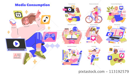 Media Consumption set Diverse digital platforms engagement Exploring video, music, news, gaming, virtual experiences Modern information access ways Vector illustration 113192579