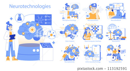 Neurotechnologies set Exploration of brain science and digital interface Medical research, cognitive enhancement, ethical aspects Detailed scientific study illustrations Vector illustration Neurotechnologies set Exploration of brain science and digital interface Medical research, cognitive enhancement, ethical aspects Detailed scientific study illustrations Vector illustration 113192591