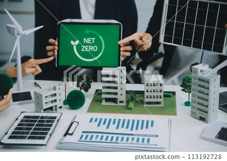 Carbon offset price report CO2 emission. Future growth Net zero waste in ESG ethical SME office protect climate change global warming social issues project. Group of asia people Eco friendly SDGs plan 113192728