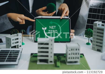 Carbon offset price report CO2 emission. Future growth Net zero waste in ESG ethical SME office protect climate change global warming social issues project. Group of asia people Eco friendly SDGs plan 113192729