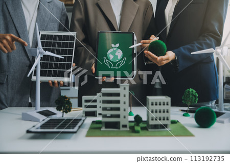 Carbon offset price report CO2 emission. Future growth Net zero waste in ESG ethical SME office protect climate change global warming social issues project. Group of asia people Eco friendly SDGs plan 113192735