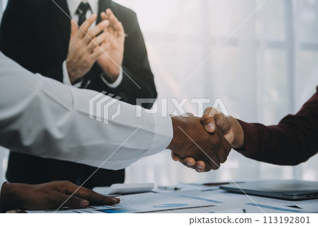 Real estate agent and customers shaking hands together celebrating finished contract after about home insurance and investment loan, handshake and successful deal. 113192801