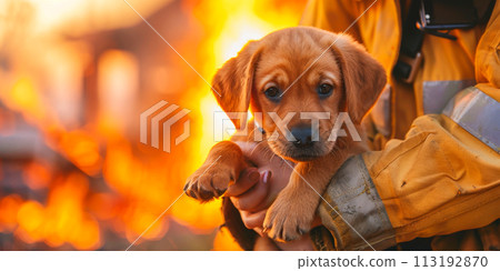female firefighter holding a rescued puppy in her hands against the backdrop of a burning house copy space International Firefighters' Day 113192870