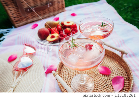 Pink drinks, cocktail with ice, raspberry, rosemary. Two glasses with martini, champagne, cider, lemonade on the blanket with fruit plate, picnic basket, Cozy summer picnic on nature. Selective focus. Pink drinks, cocktail with ice, raspberry, rosemary. Two glasses with martini, champagne, cider, lemonade on the blanket with fruit plate, picnic basket, Cozy summer picnic on nature. Selective focus. 113193261