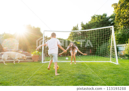 Young mother and son plays soccer with dog and have fun together. Happy family playing football with pet. Fun Playing Games in Backyard Lawn on Sunny Summer Day. Motherhood, childhood, togetherness Young mother and son plays soccer with dog and have fun together. Happy family playing football with pet. Fun Playing Games in Backyard Lawn on Sunny Summer Day. Motherhood, childhood, togetherness 113193288