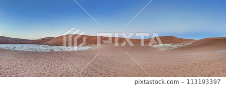 Panoramic view from the Big Daddy Dune in Sussusvlei onto the salt pan of Deathvlei with surrounding red dunes in the morning Panoramic view from the Big Daddy Dune in Sussusvlei onto the salt pan of Deathvlei with surrounding red dunes in the morning 113193397