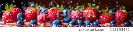 Indulge in the sweet harmony of waffles layered with ripe berries and drizzled with syrup, cafe menu 113193451