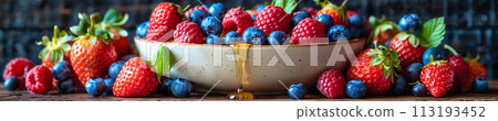 Indulge in the sweet harmony of waffles layered with ripe berries and drizzled with syrup, cafe menu 113193452