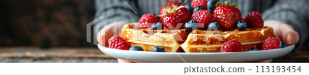 Indulge in the sweet harmony of waffles layered with ripe berries and drizzled with syrup, cafe menu 113193454