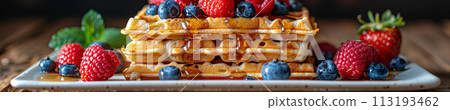 Indulge in the sweet harmony of waffles layered with ripe berries and drizzled with syrup, cafe menu 113193462