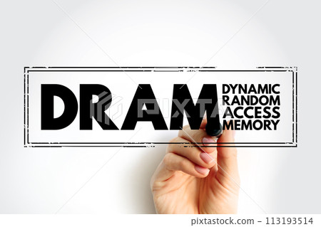 DRAM - Dynamic Random Access Memory is a type of random-access semiconductor memory that stores each bit of data in a memory cell, acronym stamp technology concept background 113193514