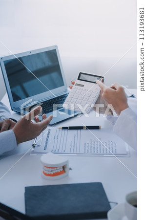Team of doctors and dentists talking and working health care talk medical conference concept online consultant 113193681
