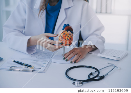 Doctor explaining heart to elderly patient. Doctor explaining the heart model. Doctors pen point to a model of the heart 113193699