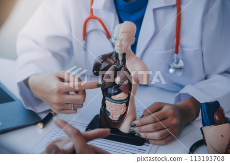 Doctor explaining heart to elderly patient. Doctor explaining the heart model. Doctors pen point to a model of the heart Doctor explaining heart to elderly patient. Doctor explaining the heart model. Doctors pen point to a model of the heart 113193708