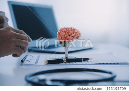 Doctor explaining brain functions to patient on model in office. Doctor explaining brain functions to patient on model in office. 113193709