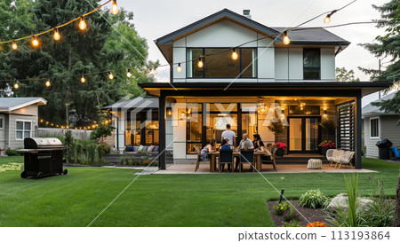 Group of People Sitting Around Table Outside House 113193864