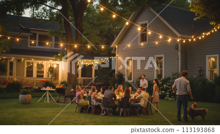 Group of People Sitting Around Table Outside House 113193868