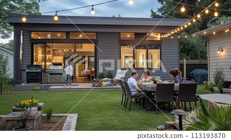 Group of People Sitting Around Table Outside House 113193870