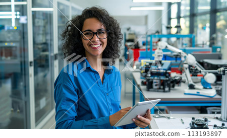 Woman Holding Tablet in Blue Shirt 113193897