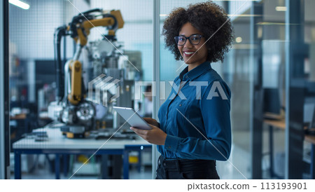 Woman Holding Tablet in Blue Shirt 113193901