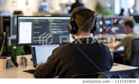 Software Developer With Headphones, Dual Monitors Software Developer With Headphones, Dual Monitors 113193908