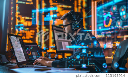Man Using Laptop With Headphones 113193914