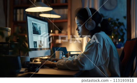 Woman Working at Computer With Headphones Woman Working at Computer With Headphones 113193918
