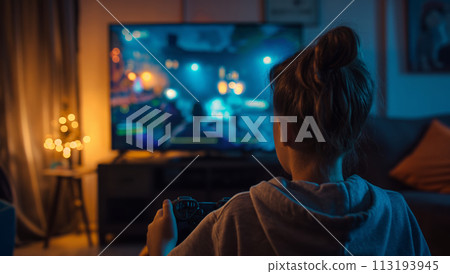 Girl Playing Video Game in Chair Girl Playing Video Game in Chair 113193945