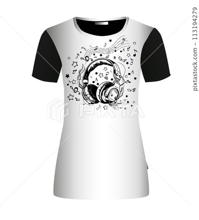 Music design. Abstraction music. Headphones and notes. T-shirt printing. hand drawing. Not AI. Vector illustration 113194279
